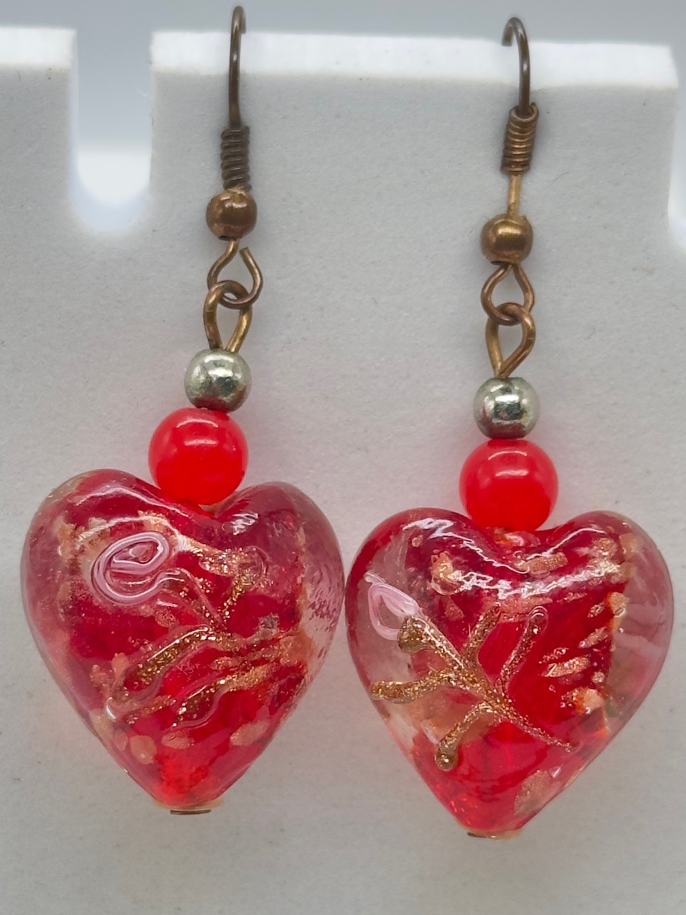 Art Glass Heart Drop Earrings Murano Style Red Hooks Pierced Valentines